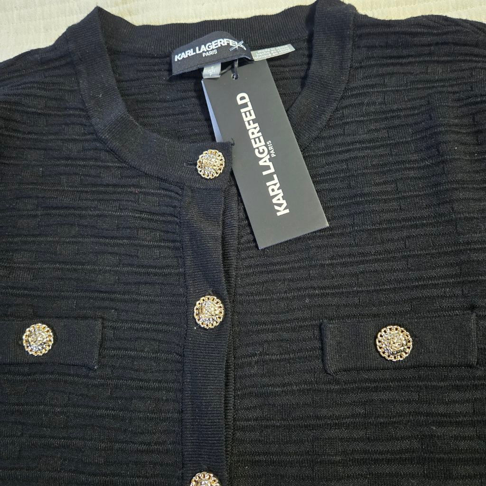 Women's Karl Lagerfeld Paris Black Cardigan with Gold Buttons, Size S NWT - Picture 11 of 13
